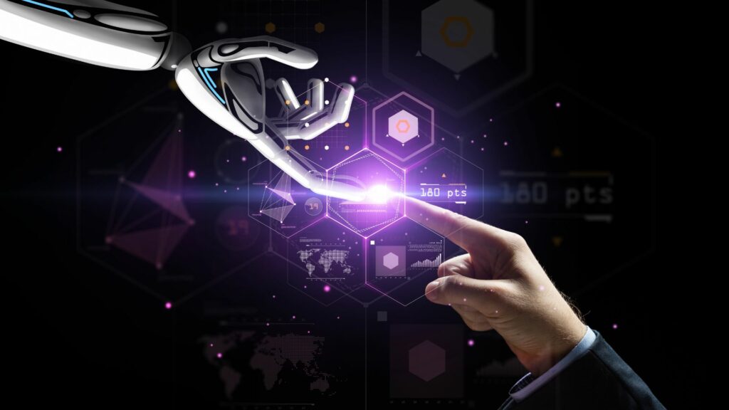 A robotic hand reaches out to a human hand, symbolizing the use of AI in SEO business strategies and content creation
