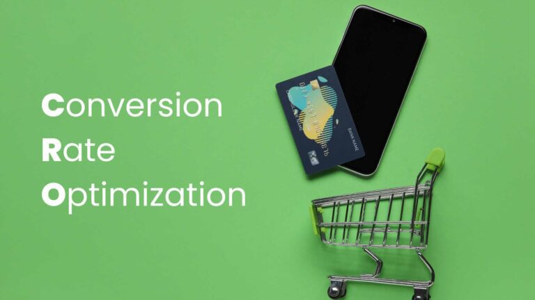 An illustration of CRO using a phone, credit card, and mini shopping cart